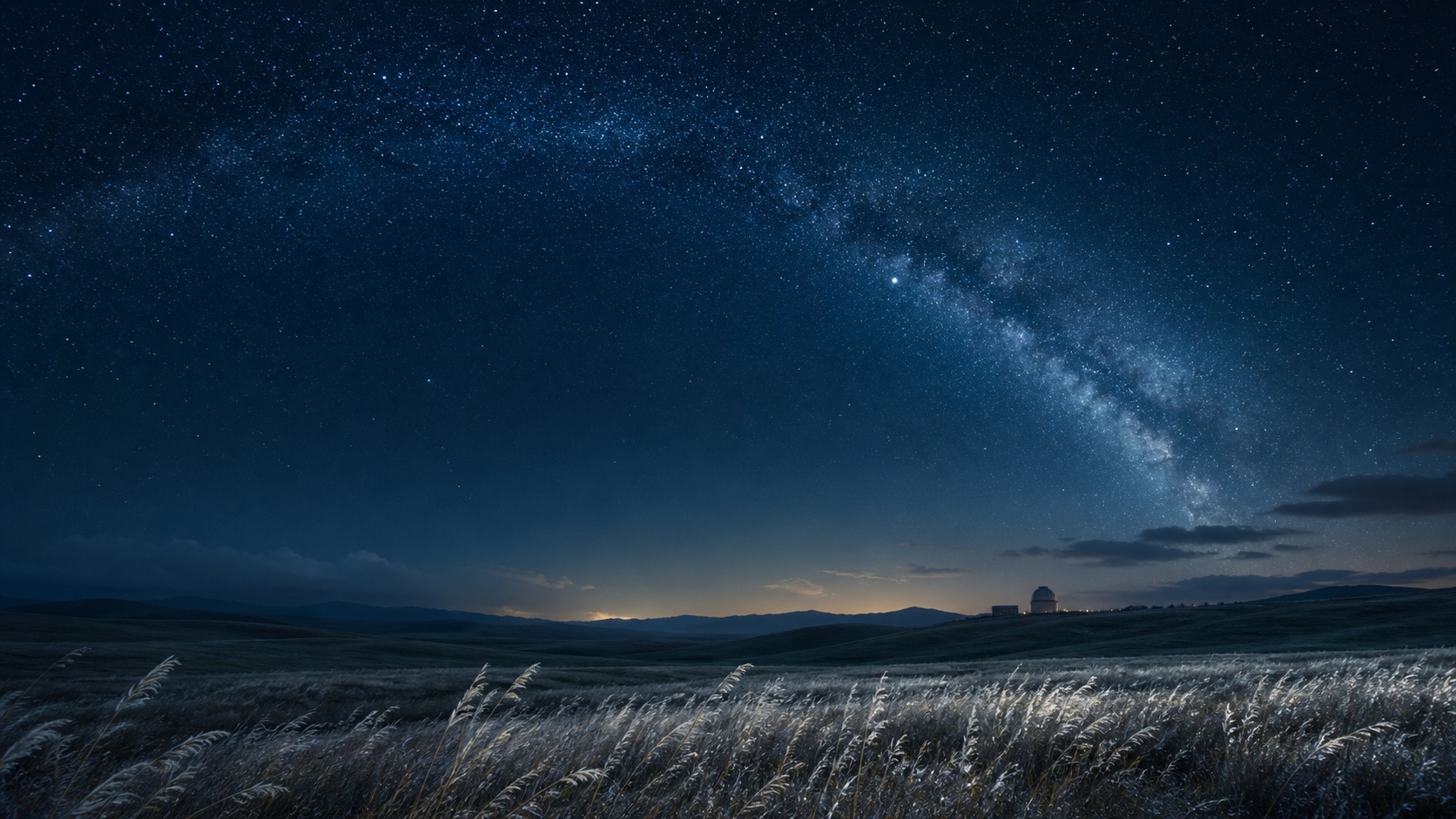 星光铺满的夜空、旷野草浪和远处的观测建筑